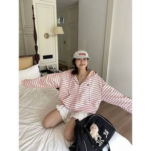 CA24AW GG自制秋季 连帽衣女休闲长袖 复古慵懒风宽松条纹开衫 美式