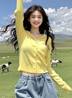 橙色款2连帽毛xsc-1900衣针短织开衫女装0懒25开春季新款余晖风穿