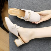 32小码 拖鞋 女士外穿半拖2026春季 31码 新款 气质复古方头粗跟包头拖