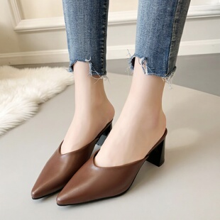 时尚 春季 尖头浅口包头拖舒适外穿半拖 女2026新款 百搭试衣间高跟鞋