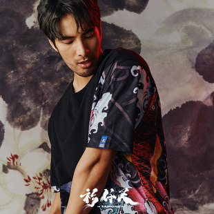 中国风国潮纯棉印花拼接短袖 龙门 T恤 仟尺2021新品 衫