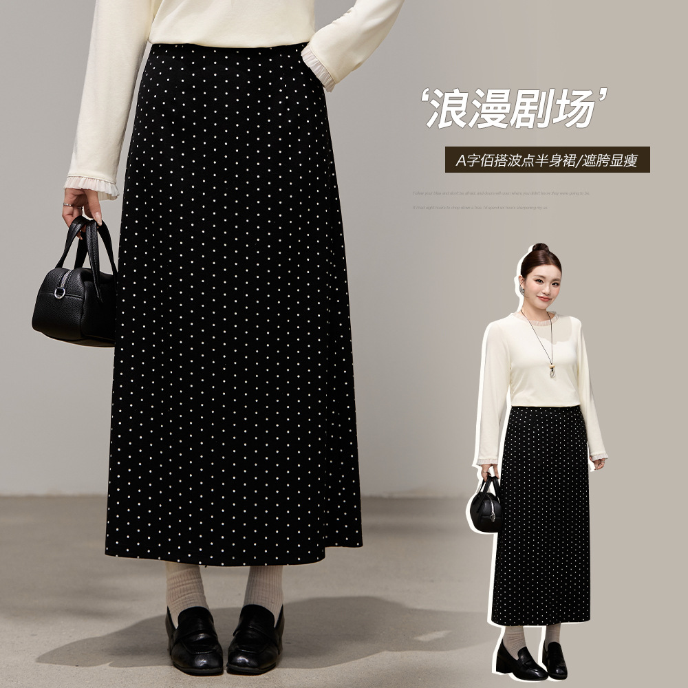 复古高腰A字波点毛呢半身裙冬季胖mm大码女装遮肉显瘦裙子65518