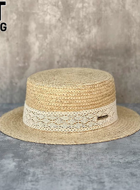 香港I.Tgreg女士蕾丝装饰拉菲草编帽时尚百搭沙滩法式英伦小礼帽