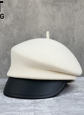 香港I.Tgreg增高帽顶羊毛呢画家帽女秋冬贝雷帽百搭真皮沿马术帽