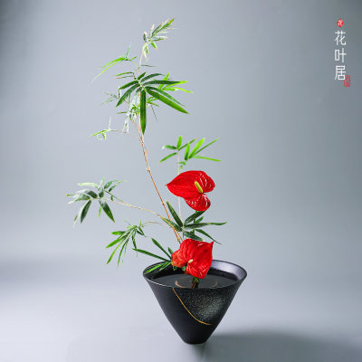 陶瓷撒雪池坊斗笠碗插花花器花瓶花盆简约禅意客厅桌面摆件装饰品