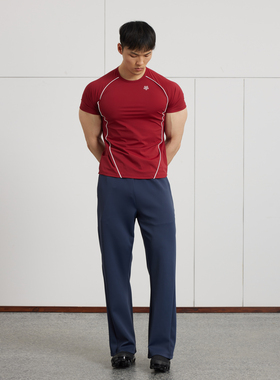 AFTERGLOW镶边织带健身紧身衣 夏季显大运动弹力面料透气男短袖