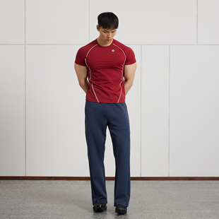 显大运动弹力面料透气男短袖 AFTERGLOW镶边织带健身紧身衣 夏季