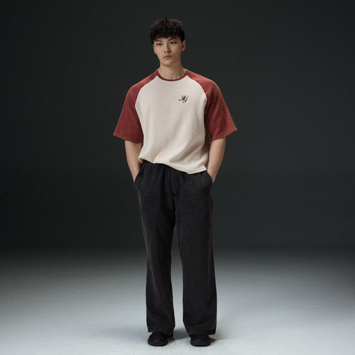 AFTERGLOW复古做旧华夫格纯棉肌理短袖 健身显大落肩炒色水洗TEE