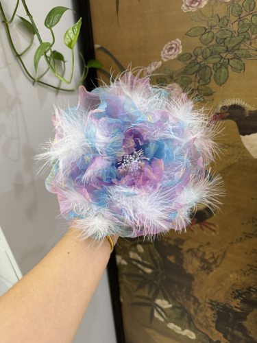 20cm真丝烫花大牡丹粉蓝渐变色描金羽毛款汉服配饰唐风簪花发饰