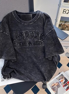 水洗做旧t恤复古韩版男女同款小众大码宽松纯棉情侣衣服短袖t恤潮