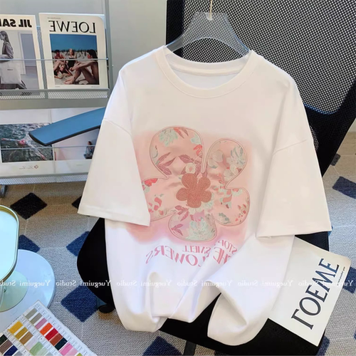 重磅纯棉大码300斤贴布花卉宽松短袖T恤夏季新款潮牌个性百搭上衣