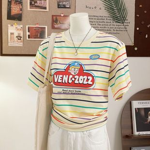 原创条纹彩棉95棉5氨纶韩系条纹短袖T恤男女宽松休闲情侣正肩上衣