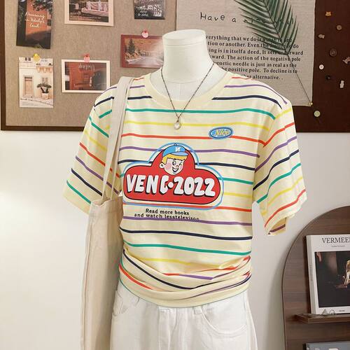 原创条纹彩棉95棉5氨纶韩系条纹短袖T恤男女宽松休闲情侣正肩上衣