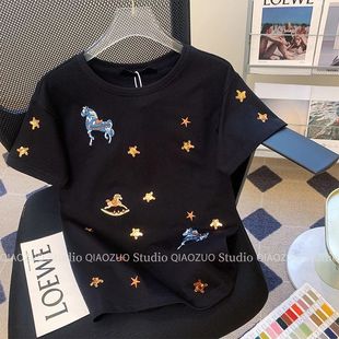 黑色马戏团风珠片刺绣短袖t恤女夏季宽松亮片小马图案绣花上衣