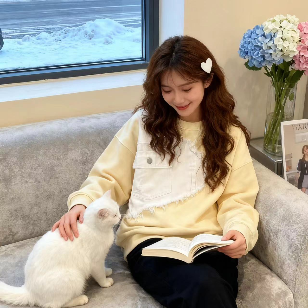 加绒拼接时尚休闲百搭卫衣秋冬日系甜美宽松大码胖mm遮肉韩版上衣