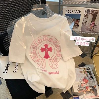 粉色十字花刺绣短袖T恤男女夏季纯棉宽松别致情侣大码体恤上衣ins