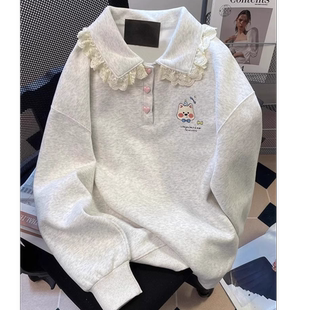 2025春季 胖mm日系可爱蕾丝花边刺绣polp翻领卫衣女独特清新 特大码