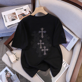 原创21支210g精梳纯棉潮牌重工十字架刺绣烧花男女圆领短袖 上衣