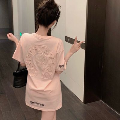 纯棉粉色梵文刺绣贴布短袖t恤女春夏新款宽松胖mm大码300斤上衣潮