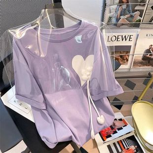 300斤别致100%纯棉立体爱心t恤夏宽松设计感小众短袖 大码 女上衣