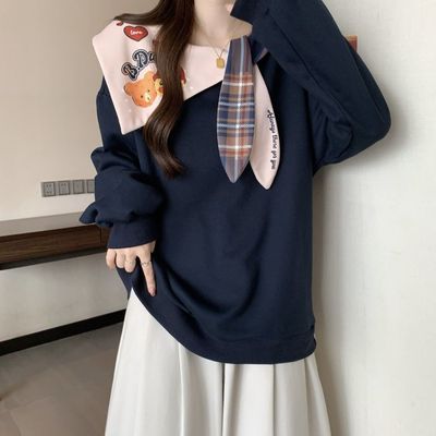 高街独特海军领休闲甜美减龄卫衣秋季新款大码学院风宽松拼接上衣