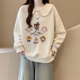 薄款大码刺绣卡通宽松减龄卫衣女2026秋季甜美娃娃领显瘦洋气上衣