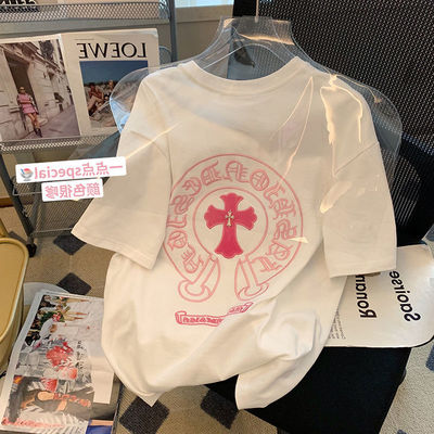 夏季新款重磅纯棉梵文十字架刺绣设计感短袖男T恤女宽松情侣上衣