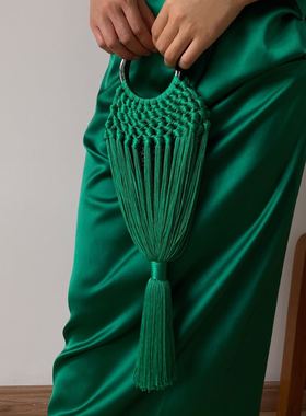 私人观点小众设计经典翠绿流苏编织中国风复古vintage手工手提包