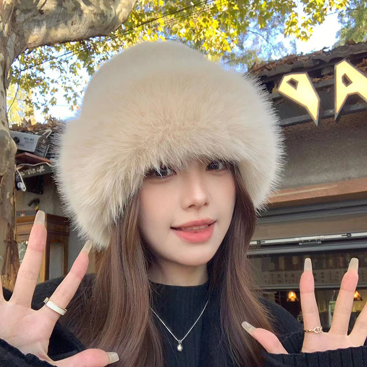 冬季大头新款毛绒毛毛狐狸洋气渔夫帽加厚帽子仿皮蒙古保暖护耳