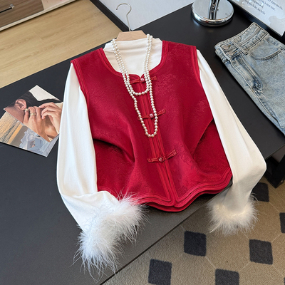 实拍新中式设计感提花缎面马夹国风鸵鸟毛打底衫套装女秋冬