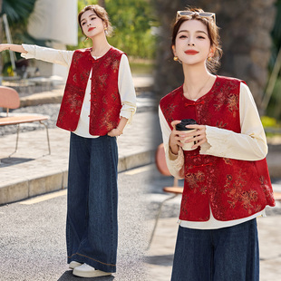 国风马甲套装女款爆款2026新款春秋妈妈时尚一整套穿搭春装马夹