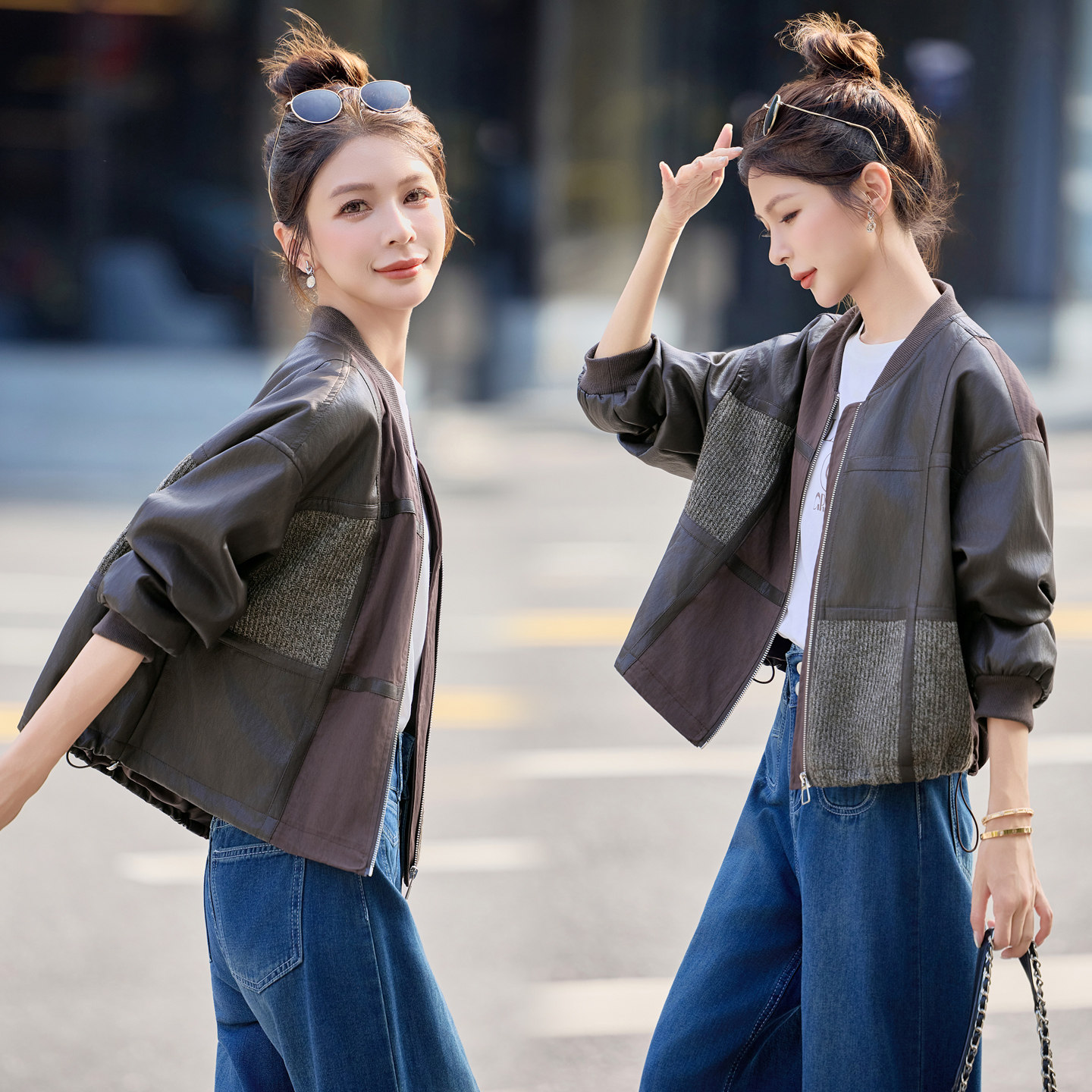 春季时尚撞色PU皮短款外套女