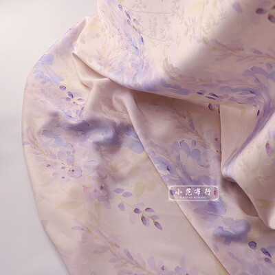 九重紫 粉紫色暗纹提花高档缎面紫藤印花布料 旗袍连衣裙垂坠面料
