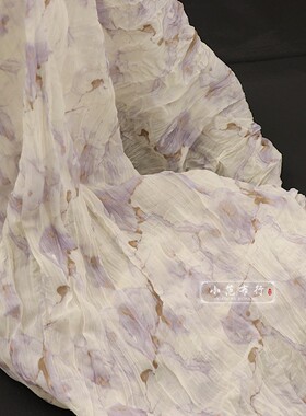 肌理褶皱风琴压褶紫色印花布料垂坠感雪纺柔软设计师服装面料
