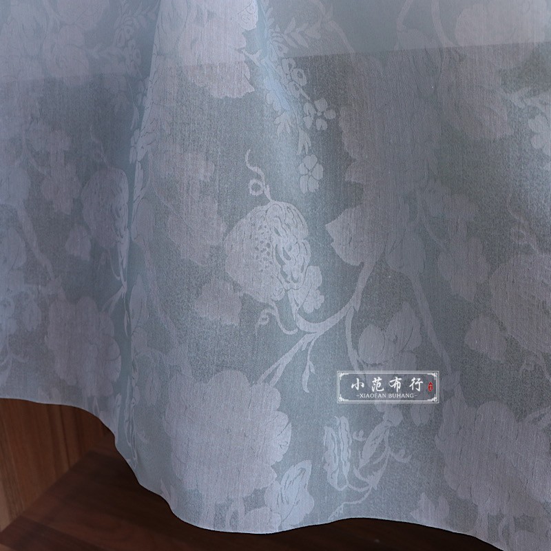 浅青色欧根纱烧花布料 汉服旗袍连衣裙筋骨感手工diy时装面料
