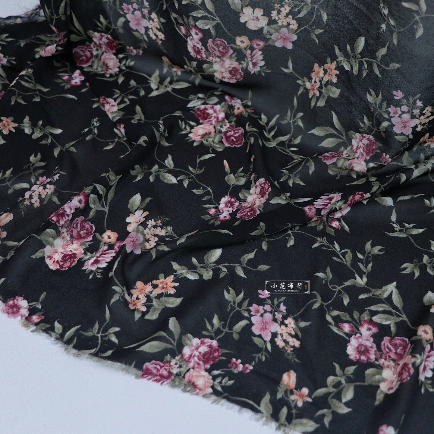 两米价黑色底芍药花印花雪纺布料 夏季连衣裙旗袍衬衫半裙面料