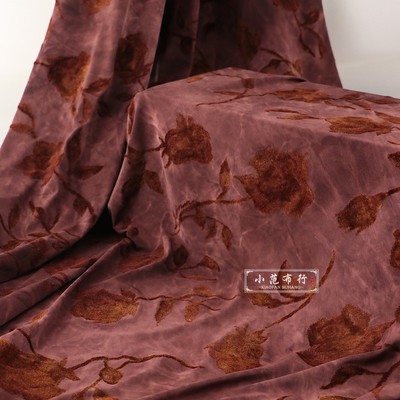 玫瑰的秘密 酒红色扎染植绒布料 垂坠感弹力连衣裙旗袍设计师面料