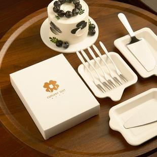 三合一组合可降解餐盘定制logo 生日蛋糕刀叉盘不锈钢刀叉餐具套装