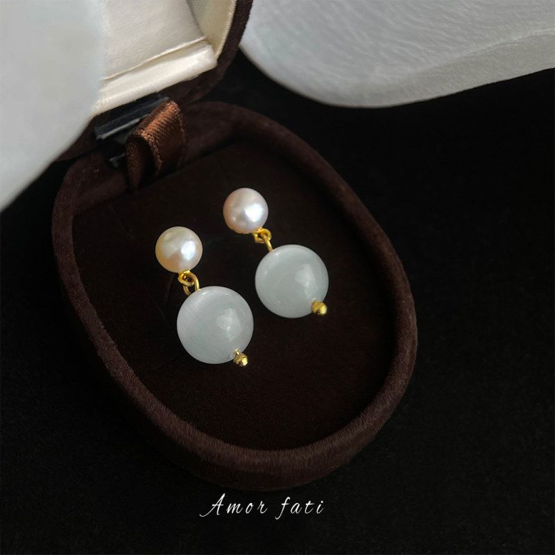 5A级强光淡水珍珠耳钉镀18k金时尚轻奢玻璃猫眼石耳环高级感耳饰