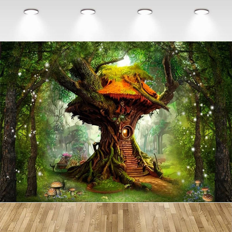 3d立体卡通奇幻童话森林墙纸小矮人蘑菇屋壁纸儿童房幼儿园背景墙