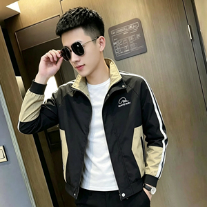 薄款男士夹克新款时尚韩版修身拼色外套百搭帅气潮牌立领休闲上衣