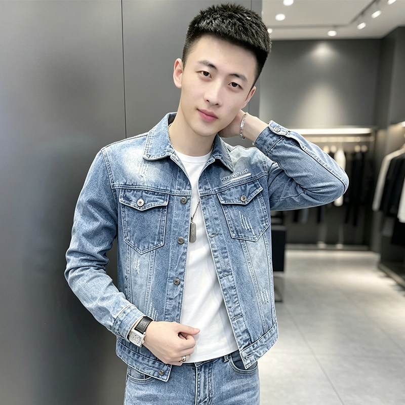 春秋复古做旧男士修身牛仔夹克