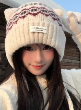 韩系针织猫耳保暖毛线帽