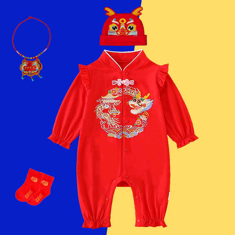 婴儿满月衣服春秋季唐装男女宝宝百天连体衣红色摆酒服新生周岁服