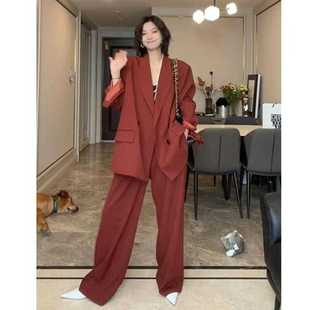 大码穿搭砖红色职业西装套装女气质名媛胖mm春秋高级感御姐两件套