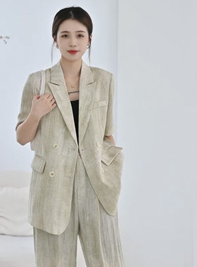 胖mm扎染时尚显瘦西装套装女2025夏大码洋气休闲西装阔腿裤两件套