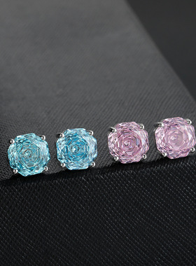 ICE BLING 玫瑰花切割S925纯银耳钉耳饰 粉红色浅蓝色小众个性