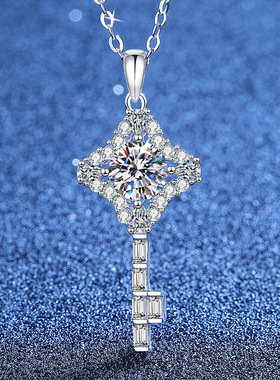 S925纯银莫桑钻菱形钥匙吊坠项链