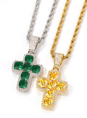 ICE BLING 黄色绿色彩钻锆石实心十字架 嘻哈HIPHOP说唱毛衣链潮