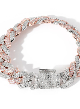 ICE BLING 玫瑰金拼色14MM菱形满钻古巴手链 男士嘻哈HIPHOP个性